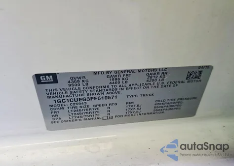 2015 Chevrolet Silverado C2500 Heavy Duty z USA, uszkodzony, nr VIN 1GC1CUEG3FF610571